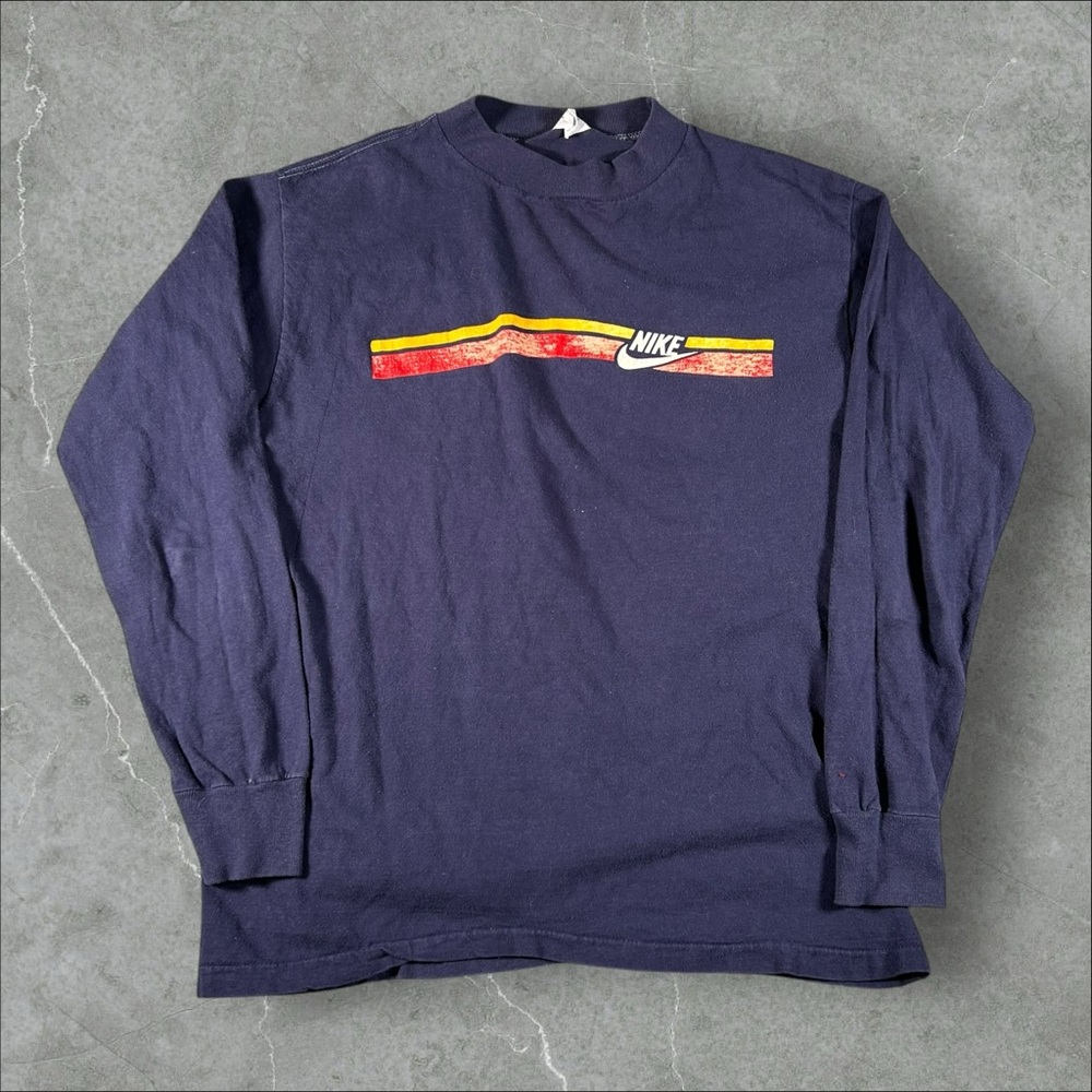 Vintage 70s Nike Shirt Mens Large Navy Blue Striped Made In USA Long Sleeve Rare